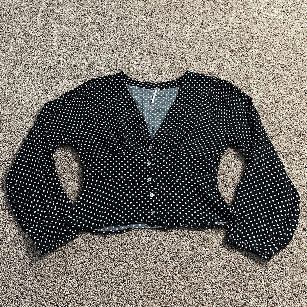 FP Polka Dot Blouse Shirt Medium Black‎ White Button Front V Neck Long Sleeve